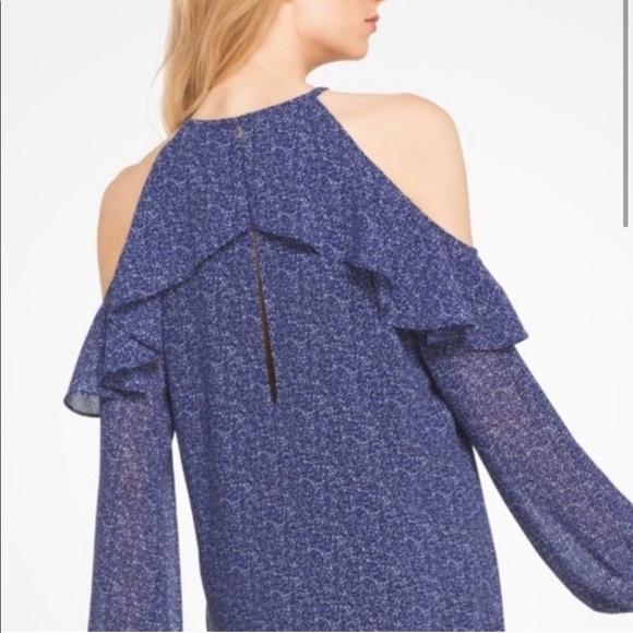 Michael Kors Blue Floral Print Ruffle Trim Cold Shoulder Poly Chiffon Dress - Picture 2 of 8